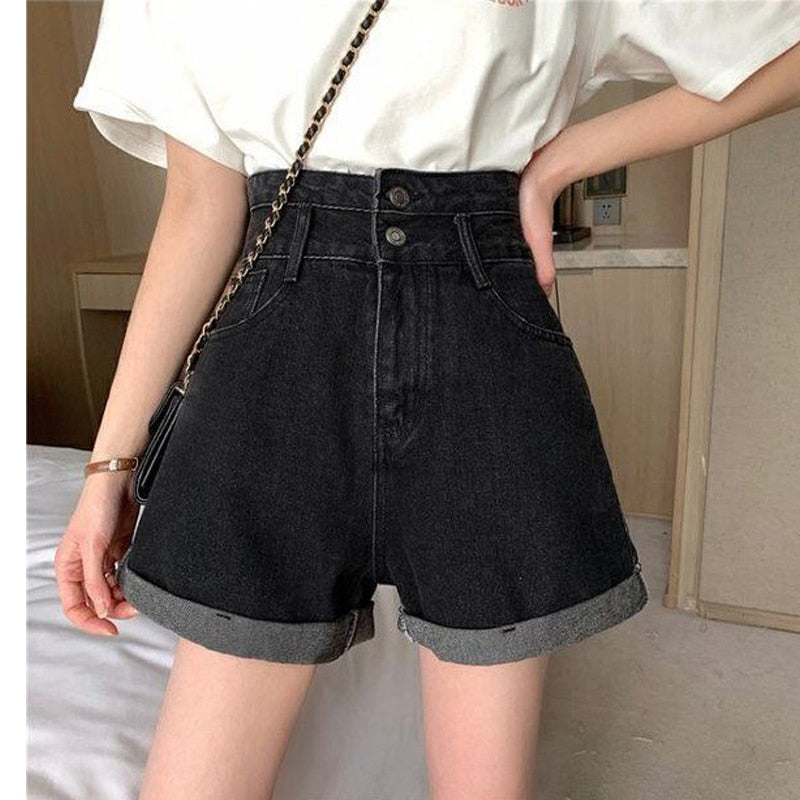 Black Denim Double-breasted Shorts Women Summer Hot Girls College All-match Solid Younger Ins Prevalent High Waist Casual Mujer