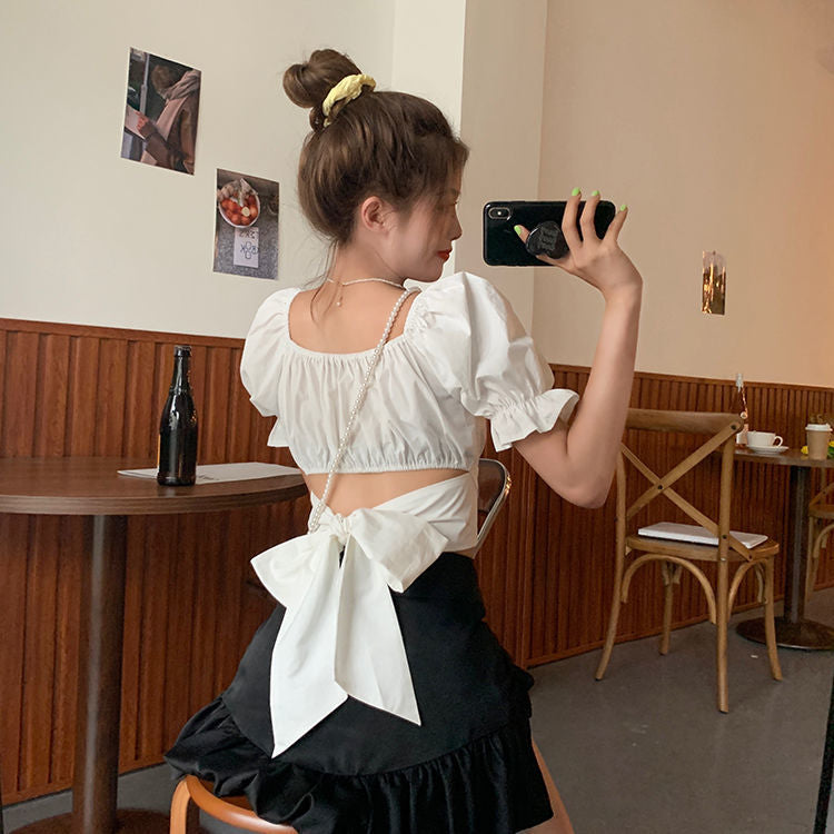 Sixsr Women Spring Fashion Back Puff Sleeve Shirts Women Autumn French Bow Bandage Blouses New Black Pink Square Neck Cropped Tops Female