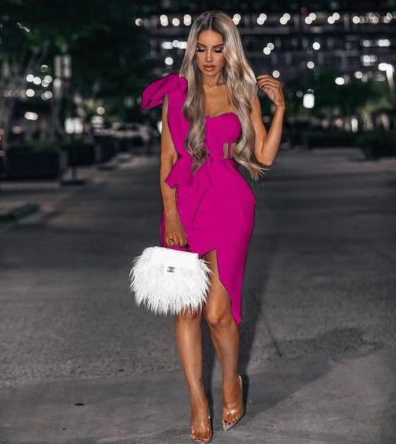 sixsr New Summer Fashion Women Bodycon Dress One Shoulder Bow Mesh Ruffle Sleeveless Bandage Dress Celebrity Party Evening Sexy