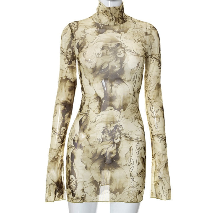 Long Sleeve Printed Tie Dye Bodycon Mini Dress Women Autumn Elegant Party Evening Sexy Fashion Casual Slim Vacation Dresses