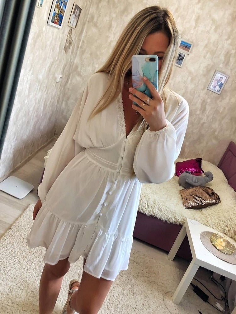 sixsr Summer Dresses For Women Sexy Plunge V Neck Women's Summer Dress White Lace Long Sleeve Mini Wedding Party Dress Ruffle Elegant Clothes