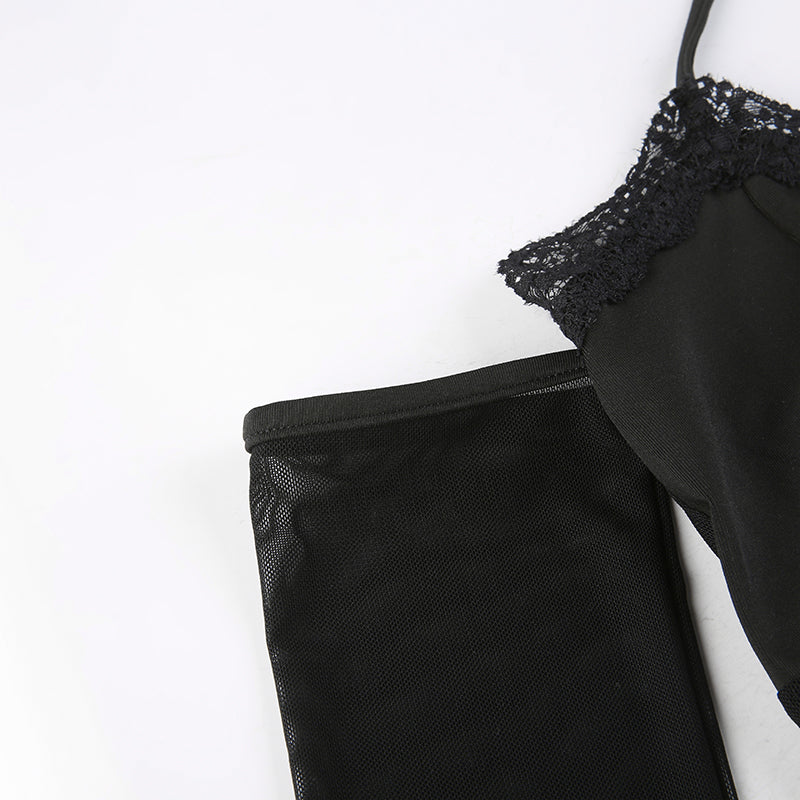 sixsr Hot Sell Slash Neck Sexy Black Mesh T-Shirts Women Lace Patchwork Rave Goth Clubwear Backless Halter Tie Up Spaghetti Strap Tops
