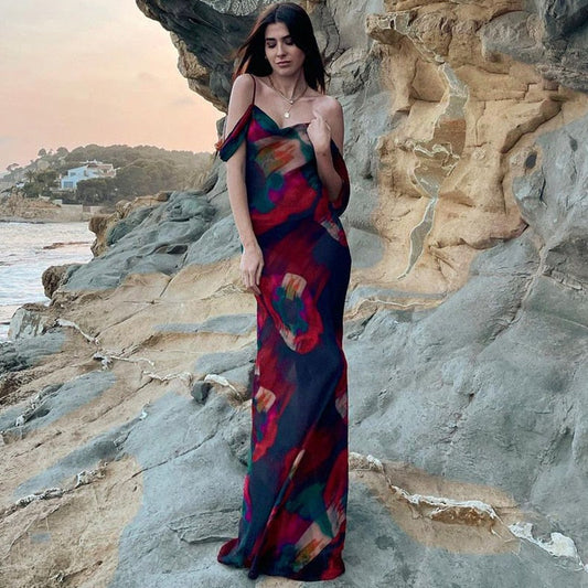 sixsr Outfits  Summer New Beach Vacation Bohemian Fashion Shoulder Straps Sleeveless High Waist One Shoulder Temperament Elegant Long Dress