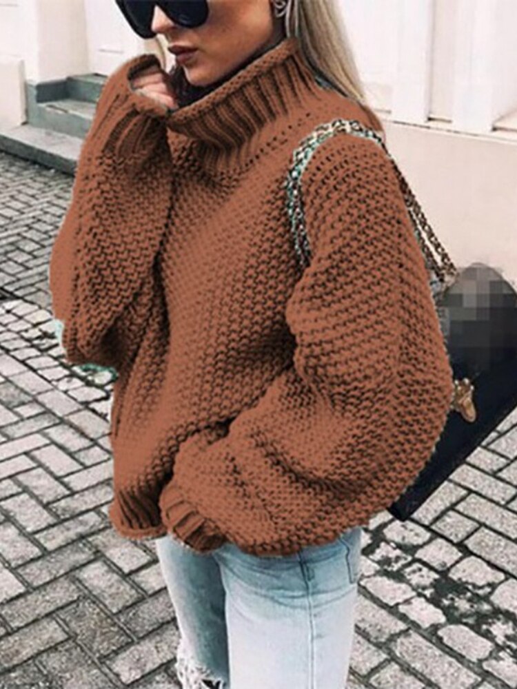 sixsr Womens Fall Fashion Sweater Women Autumn/Winter Turtleneck Doll Sleeve Loose Knit Sweater Fashion Women's Top Sweaters High Quality Thermal