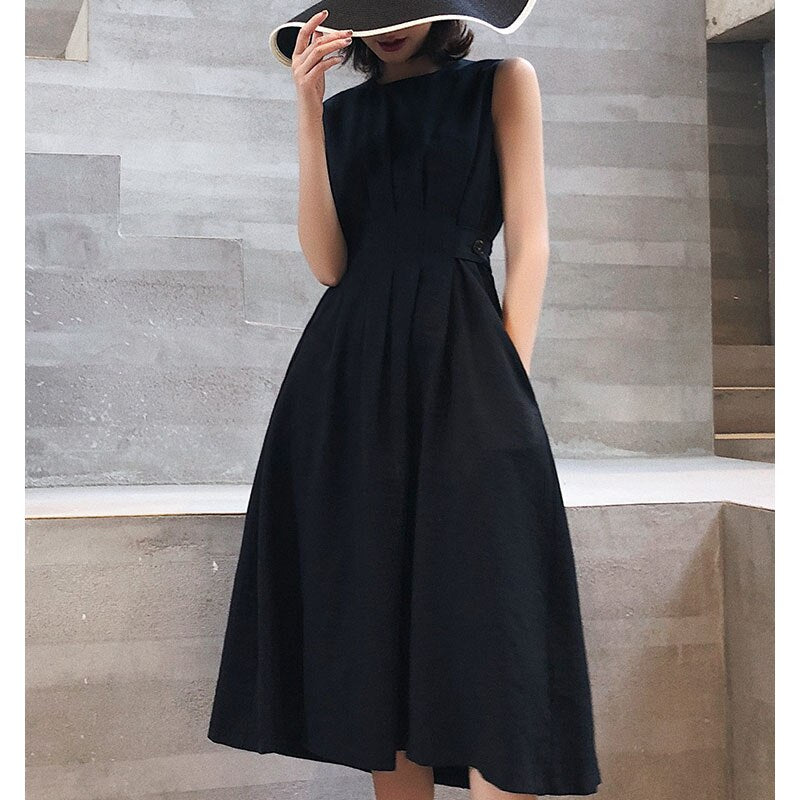 sixsr Summer Outfits Summer Women Solid Long Dress White Chic Elegant Casual Party O Neck Sleeveless Tank Female Waist Retraction Holiday Party Robe