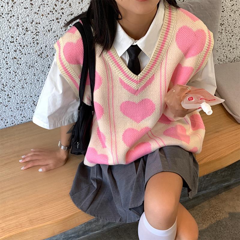Korean Vintage Sweater Loose V-neck Knit Pullover Vest Y2k Oversized Tank Top Love Print Sweaters Fall Fashion Cardigan