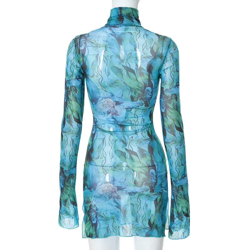 Long Sleeve Printed Tie Dye Bodycon Mini Dress Women Autumn Elegant Party Evening Sexy Fashion Casual Slim Vacation Dresses