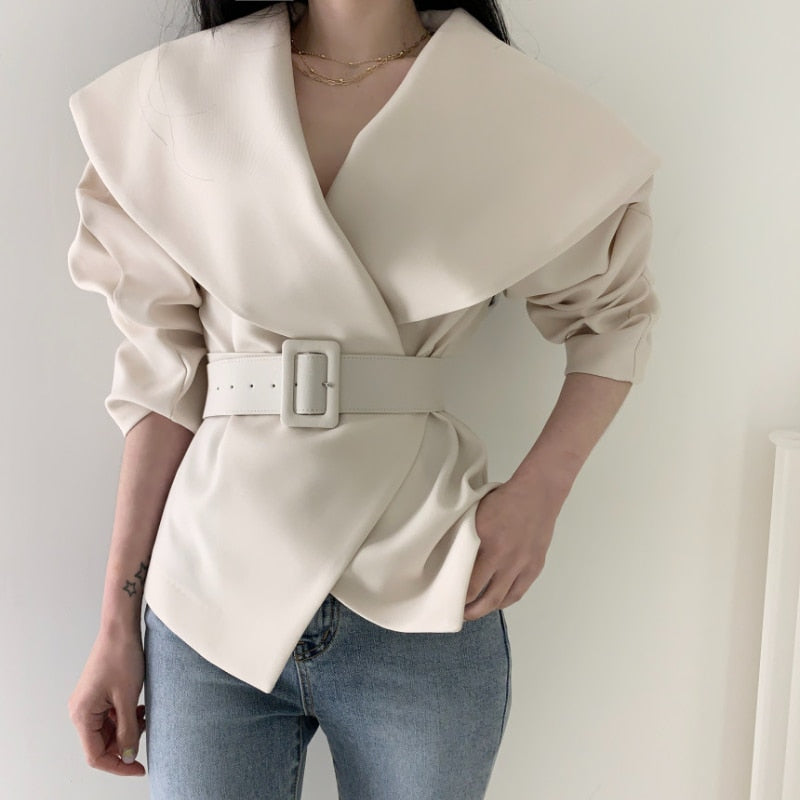 Sixsr Women Spring Autumn Short Blazer Coat with Belt Big Lapel Collar Female Full Sleeve Cardigan Outerwear