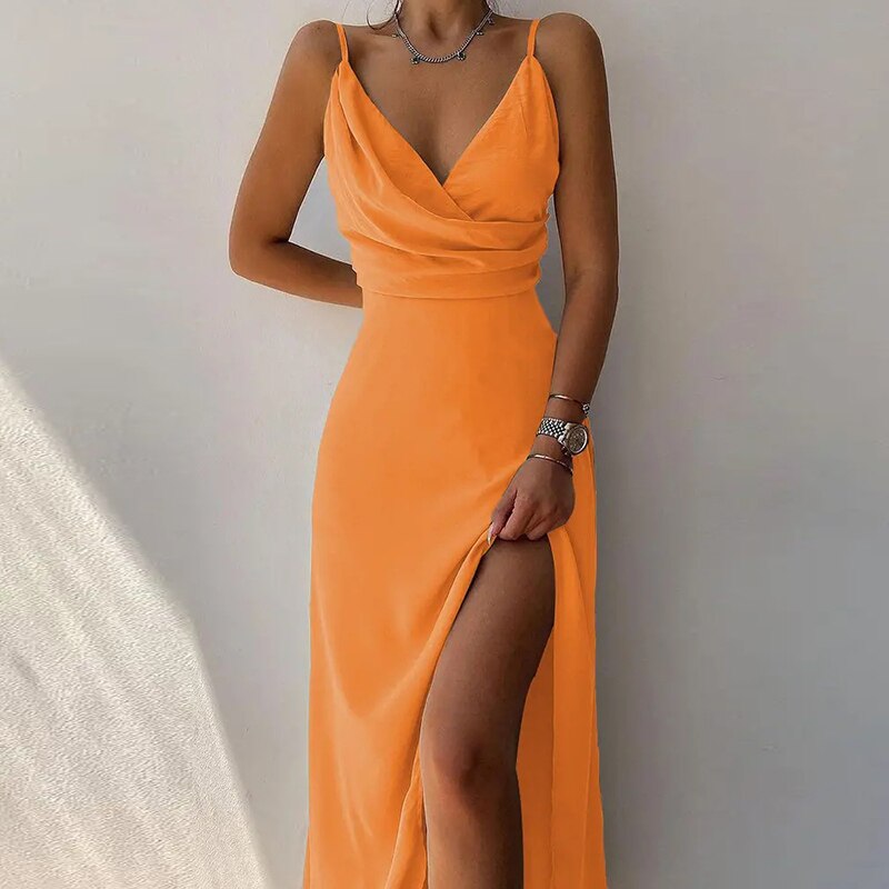 Sexy High Split Up Long Dress For Women Summer Print Party Dress Sleeveless Slip V Neck Elegant Dresses Ladies Evening Robe