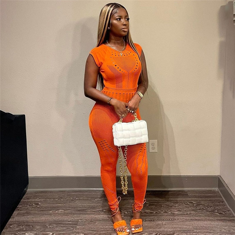 sixsr Hollow Out Knitted Mesh Jumpsuits Women Sexy See Through Long Sleeve Hipster Stretchy Skinny Overalls Clubwear Romper
