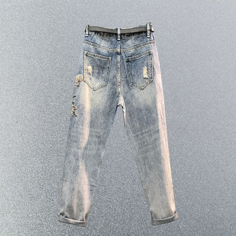 Embroidered High Waist Jeans Women's Summer Heavy Industry Beads Loose Slimming Holes Harem Pants Cropped Baggy Denim Pants