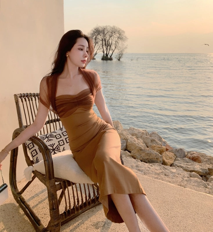 sixsr New YearsEve Dresses For Women Spring Summer Sexy Halter Mesh Patchwork Midi Dress Elegant Bodycon Slim Party Vestidos Female Fashion Vintage Clothes