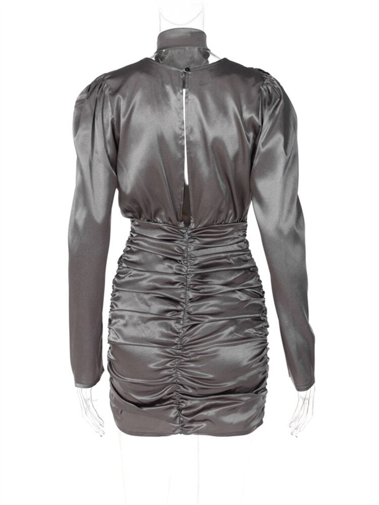 sixsr Womens Fall Fashion Satin Ruched Deep V Neck Long Sleeve Mini Bodycon Dress Women Autumn Winter Elegant Sexy Party Dresses