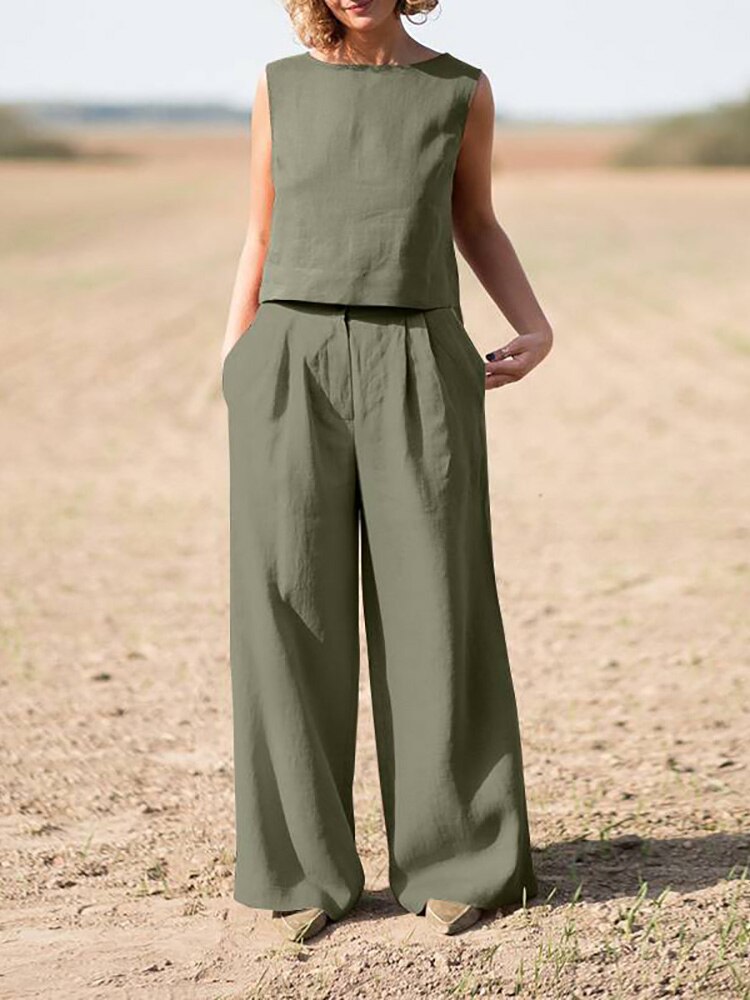 sixsr Summer Outfits Casual Summer Women Set Vintage Sleeveless Blouse O-Neck Top + Straight Wide Leg Pants Suit Two Piece Solid Color Sets