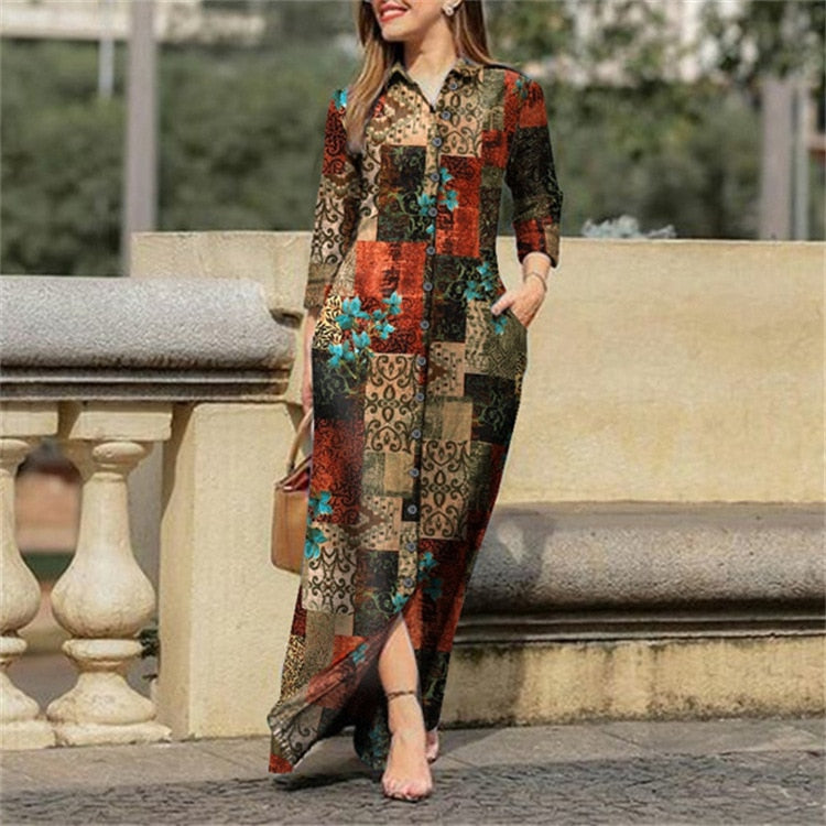 sixsr Fall Outfits Autumn Vintage Floral Printed Cotton Dress Women Casual Lapel Collar Button Up Dresses Bohemian Vestidos Long Robe