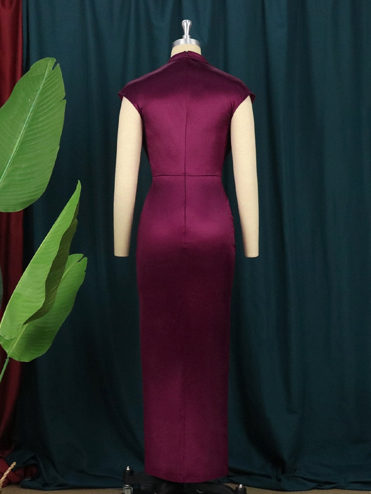 sixsr Women Dress Pleated Long Wine Red Elegant Slit High Collar Slim Fit Sleeveless Maxi Robes Female Shiny Gowns Party  Spring