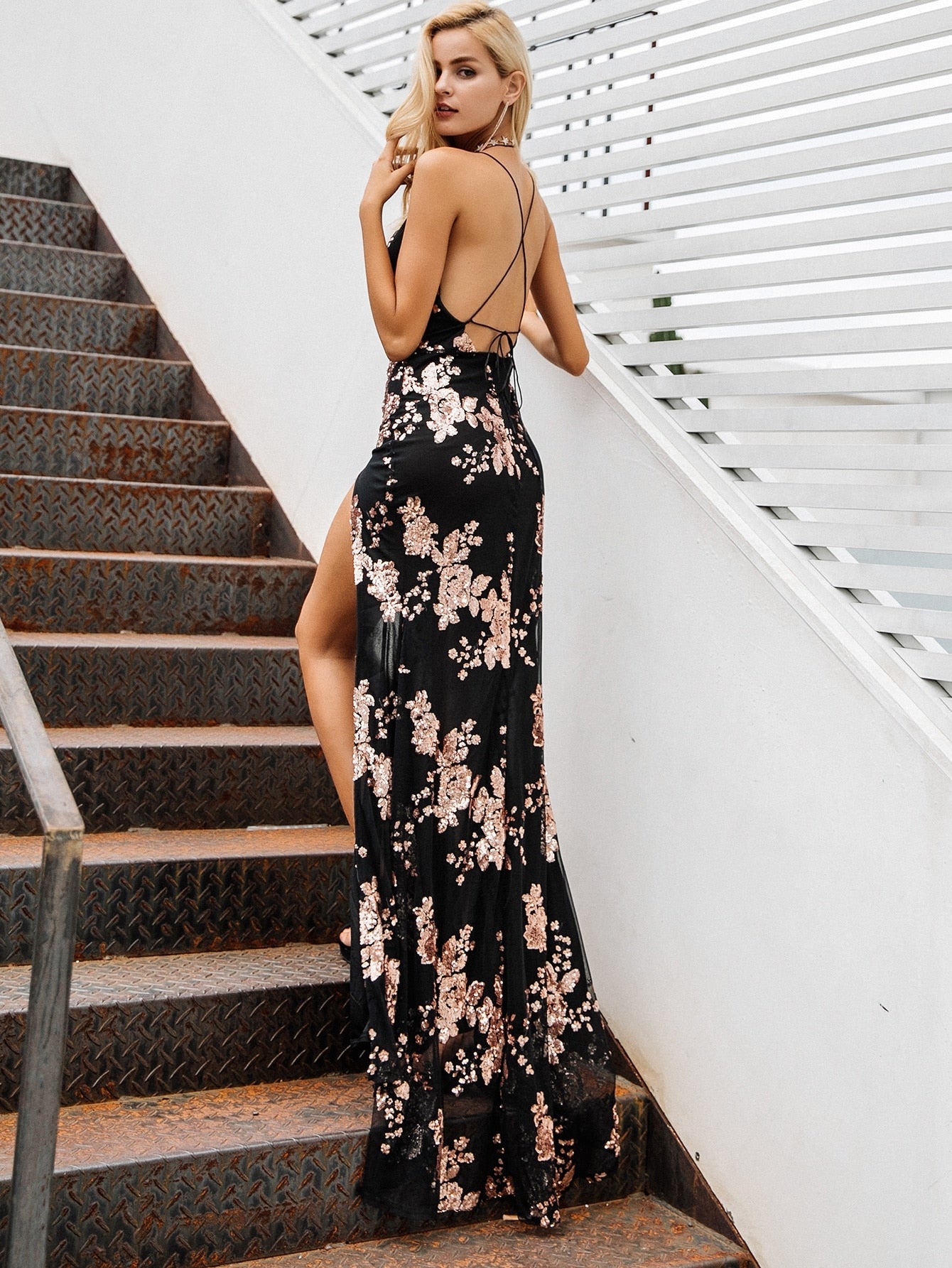 sixsr Fashion Trends Sexy lace up halter sequin party dresses women High split maxi dress festa female Christmas evening long dress vestidos