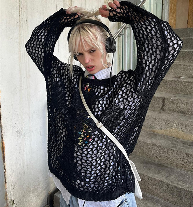 sixsr New Women's Fashion Y2K Harajuku Hollow Out Knit Pullovers Crewneck Vintage Top Fairycore Grunge Top Fashion Loose Retro Smock Sweater Summer Shirts