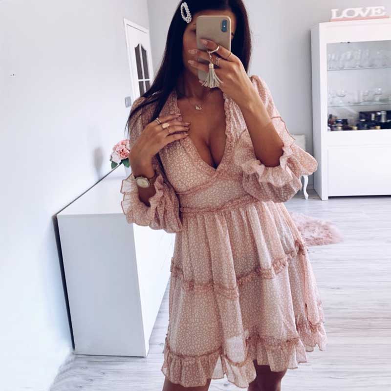 sixsr Harlow Floral Print Ruffle Dress women backless V-neck dress women mini summer dress ladies party dress