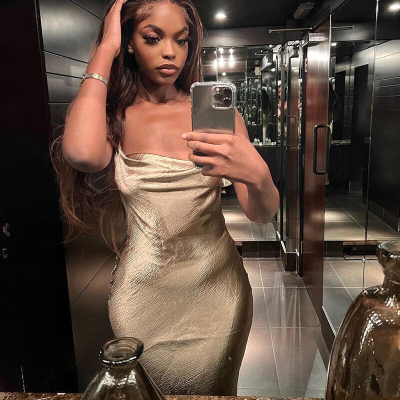 sixsr Sexy Spaghetti Strap Long Dress Silver Backless Elegant Bandage Bodycon Satin Dresses Summer Women Party Outfits