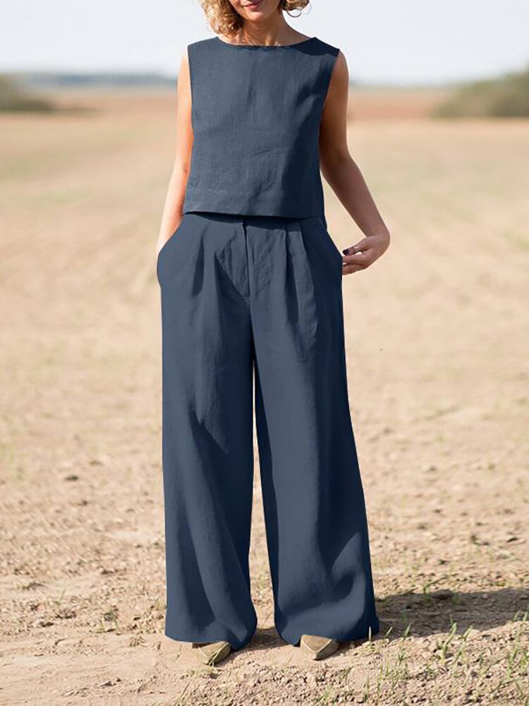 sixsr Summer Outfits Casual Summer Women Set Vintage Sleeveless Blouse O-Neck Top + Straight Wide Leg Pants Suit Two Piece Solid Color Sets