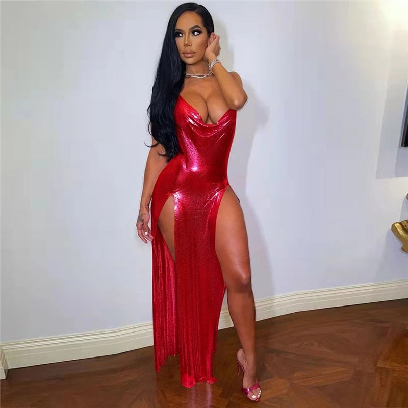 sixsr Sexy Glitter Metallic Off Shoulder Evening Dresses Women Night Party Festival Outfits Backless Side Split Long Dress Clubwear