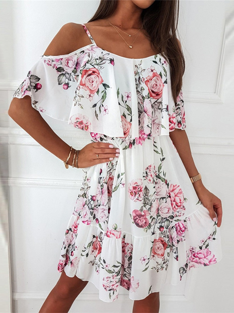 Sixsr New Fashion Sexy Spaghetti Strap Woman Dress Summer Floral Print Off Shoulder Sundress Elegant Chiffon A-Line Beach Boho Dresses Vestidos
