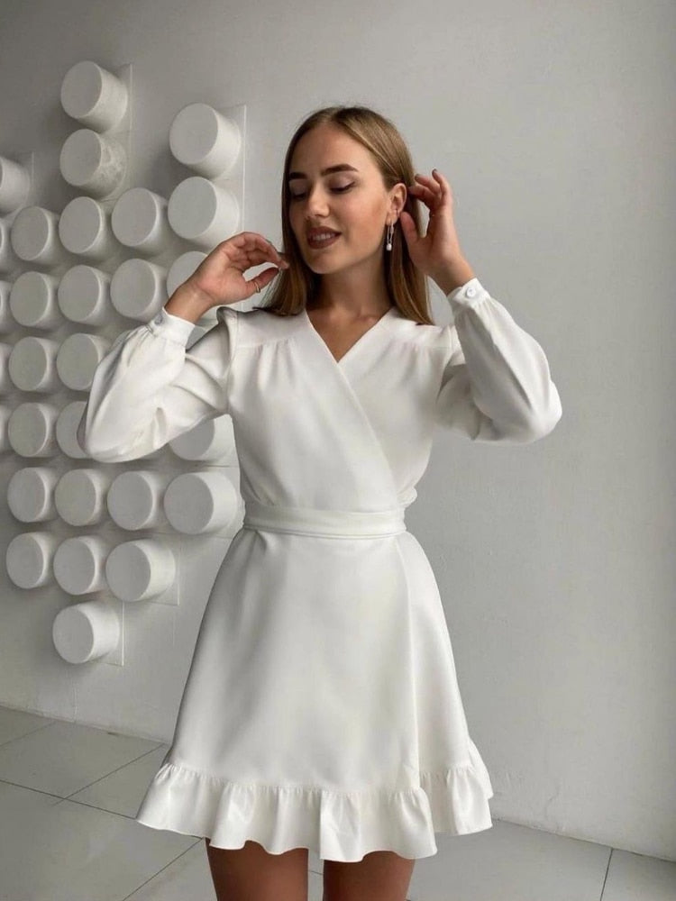 sixsr Casual Ruffle Mini Dress Ladies Elegant Long Sleeve V-Neck Party Dress New Fashion Solid Sweet Spring Dresses Women Clothes