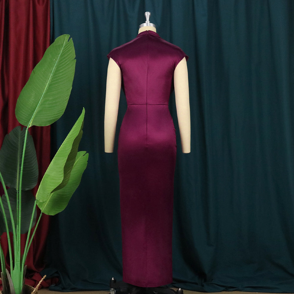 sixsr Women Dress Pleated Long Wine Red Elegant Slit High Collar Slim Fit Sleeveless Maxi Robes Female Shiny Gowns Party  Spring