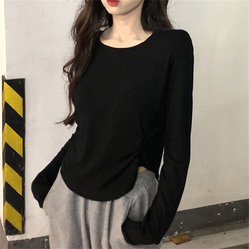 White T Shirt for Women New Long Sleeve Turn Down Collar Slim Tee Shirts Korean Fashion Office Ladies Casual Top