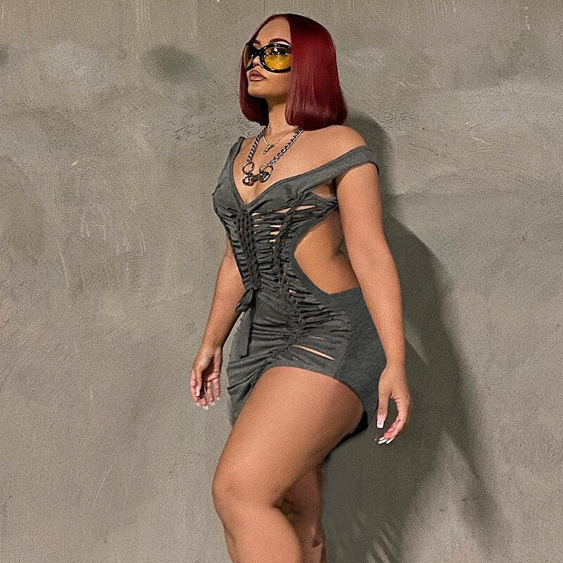 Dark Gray Hollow Out Mini Dress Sexy Drawstring Bandage Backless Summer Dresses for Women Birthday Party Clubwear