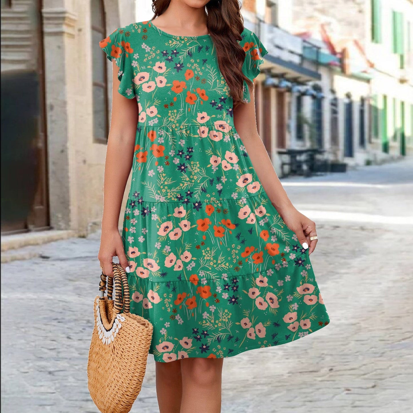 Spring summer v-neck floral short-sleeved dress