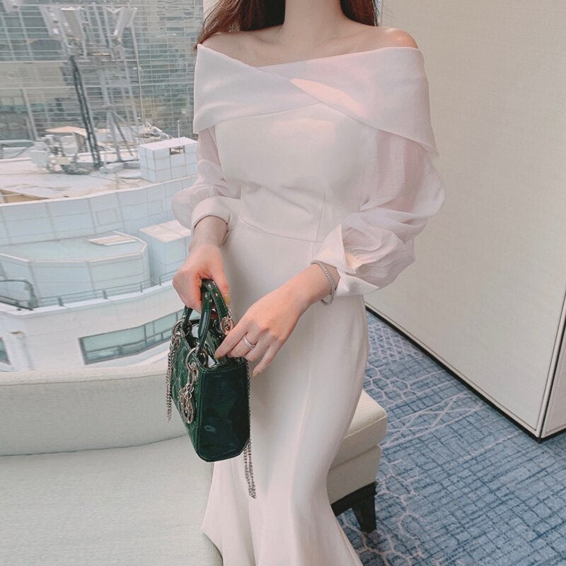 sixsr Korean chic spring elegant temperament twisted one-line collar sling off shoulder bubble sleeve long fishtail dress women