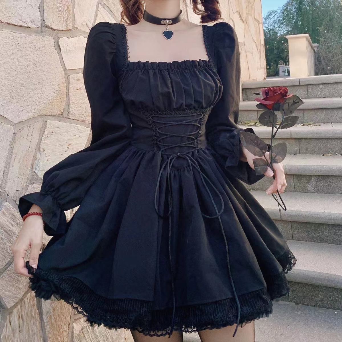 sixsr Womens New Trends White Lolita Dress Kawaii Vinatge Long Sleeve Mini Dresses Black Gothic Bandage Lace Patchwork Streetwear Square Collar