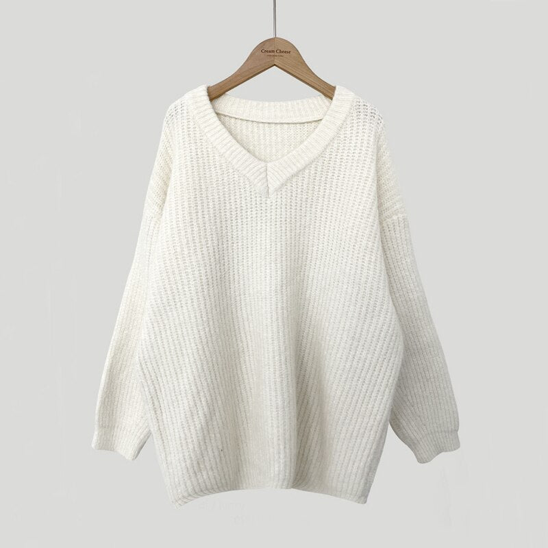 Green Oversized Sweaters for Women Fall Winter Korean Fashion Long Loose Pullovers V Neck Long Sleeve Jumpers