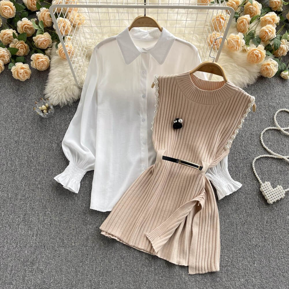 Sixsr Spring Outfits Women Sleeve White Shirt Fashion Two Piece Suit Red Cotton Sweater Vest Lady Casual Preppy Style White Belt