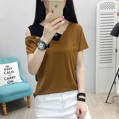 sixsr Fake Two Piece Tops Women T-Shirt Off Shoulder Tshirt Short Sleeve V-Neck Korea Fashion Summer Cotton Tee Shirt Femme