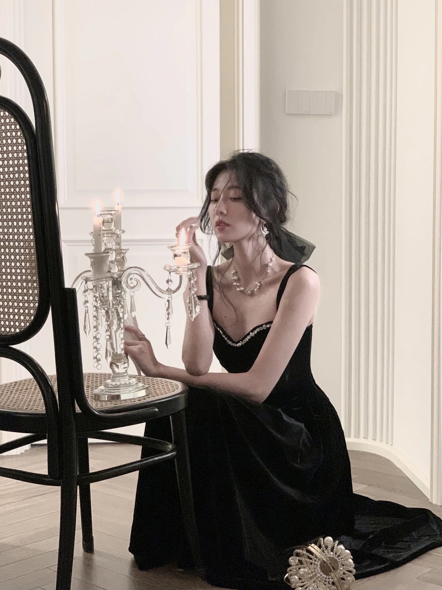 Summer New Elegant Spaghetti Strap Velvet Vintage Black Dress Women Sexy Prom Evening Party Fashion Clothing