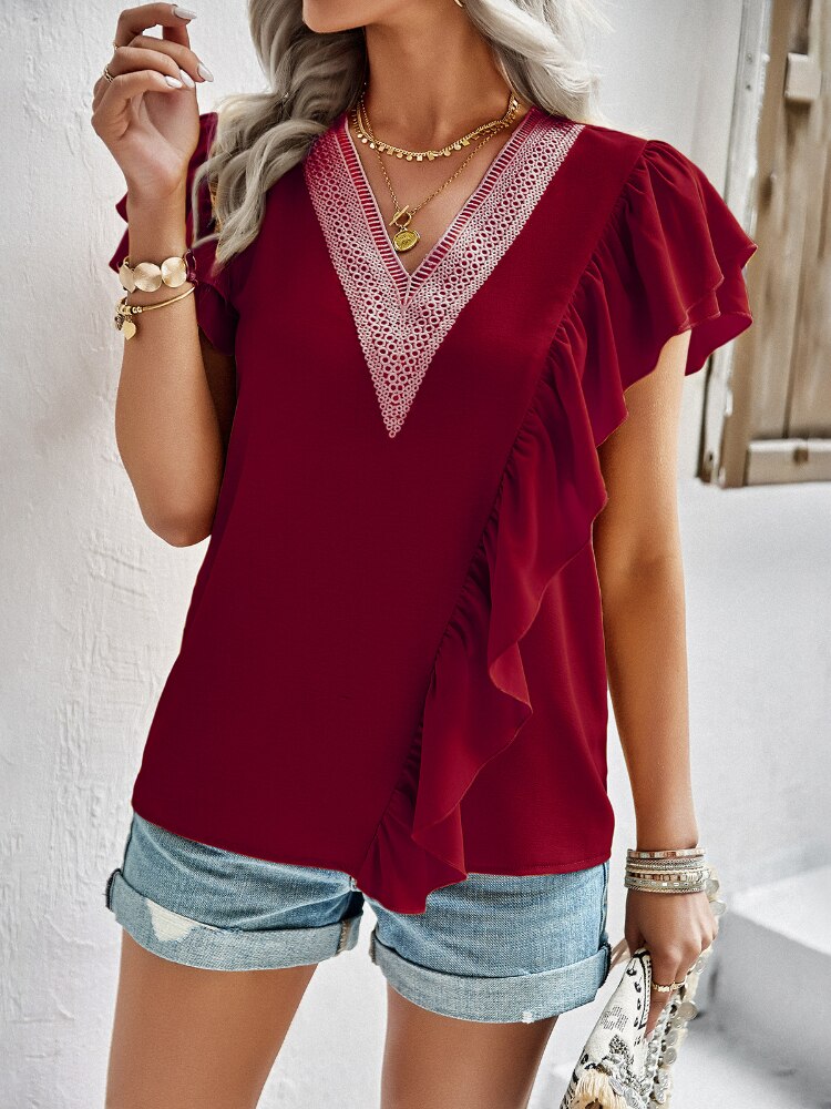 Short sleeved shirt for women's summer temperament commuting V-neck ruffle top