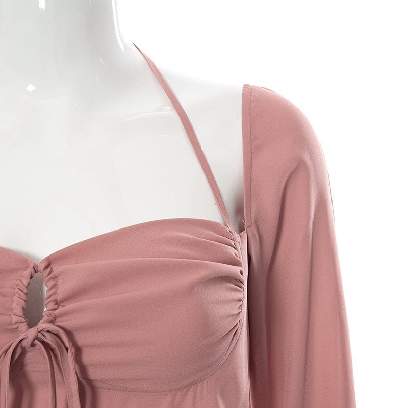 Sixsr Going Out Outfits Spring Elegant Cut Out Halter Bodycon Mini Dress Women Sexy Flare Long Sleeve Drawstring Backless Party Dresses