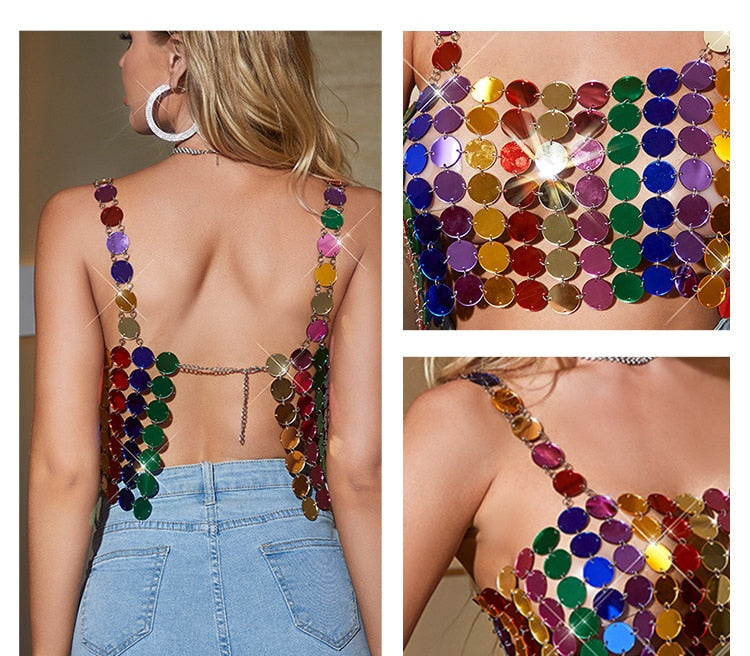 Leqoel Women Sequined Tank Tops for Women Fashion Female Clothing Shiny Metal Shoulder Strap Sexy Backless Mesh Crop Top