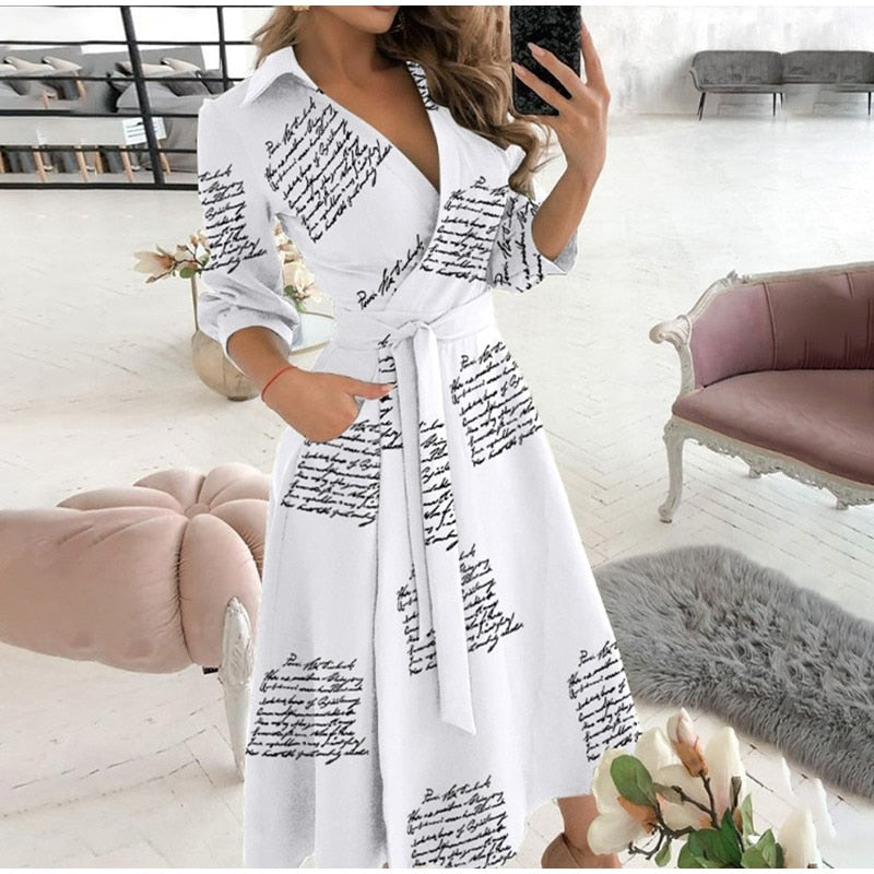 v neck long sleeve spring summer printed dress