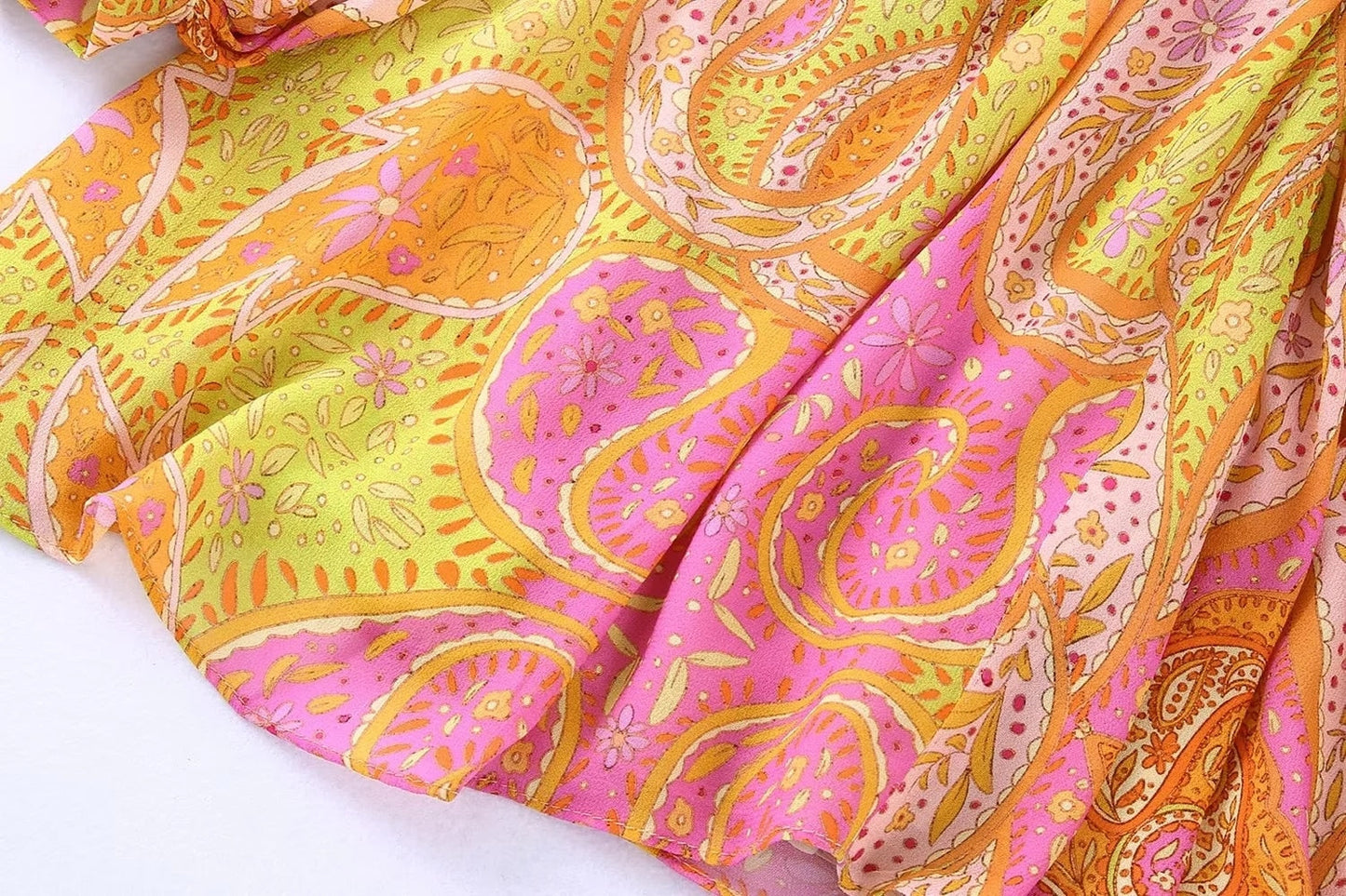Summer Women Elegant With Print Hollow Out Mini Dress New Pleated Full Sleeves Tied V-Neck Back Zippers Vintage Vestidos