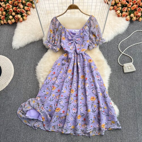 Sixsr Summer Outfits Ladies French Retro V-neck Floral Women Dress Elegant Draped Flowers Short Puff Sleeves Slim Fairy Mid-calf A-line Dress