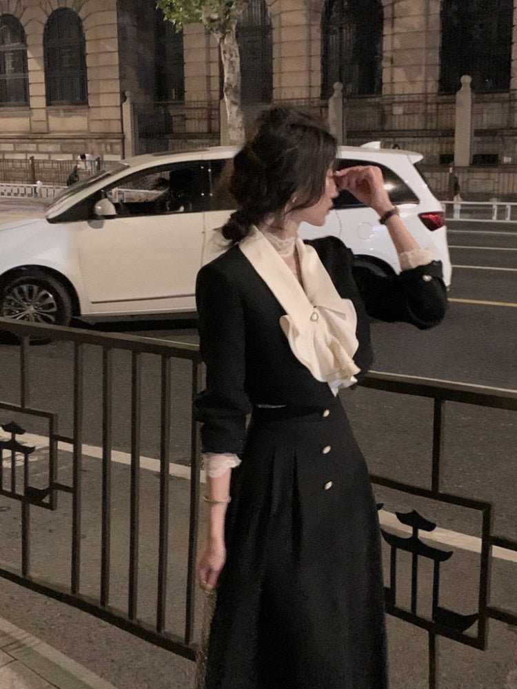 Korean Suit Autumn Elegant 2 Piece Dress Set Office Lady Long Sleeve Crop Tops + Casual Black Midi Skirt Woman Slim Retro