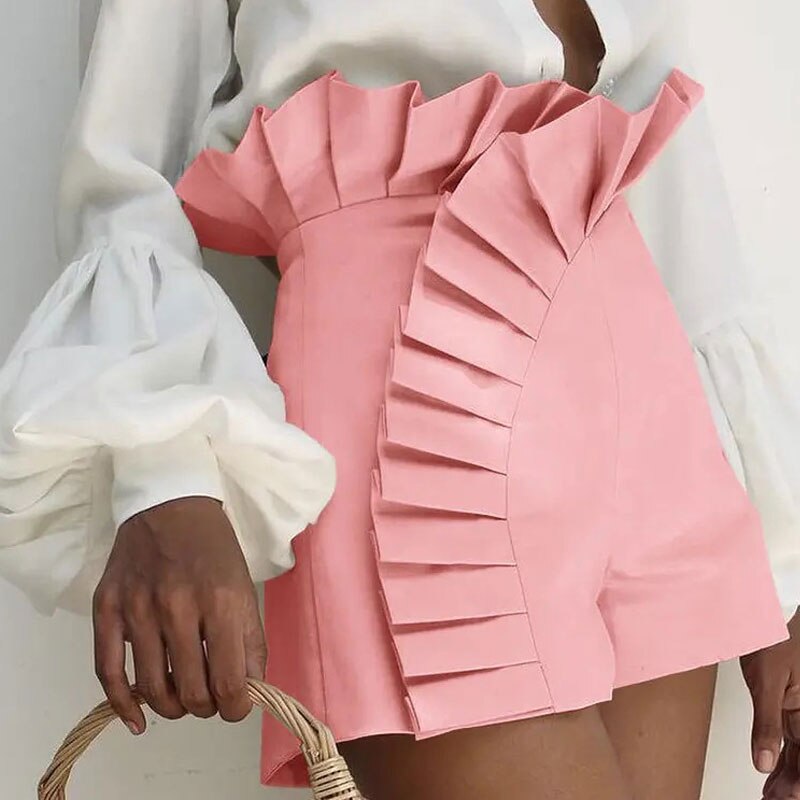 Women's Bottom Ruffle Hem Shorts Pleated High Waist Solid New Fashion Pant Elegant Summer Casual Female Clothing Outfits