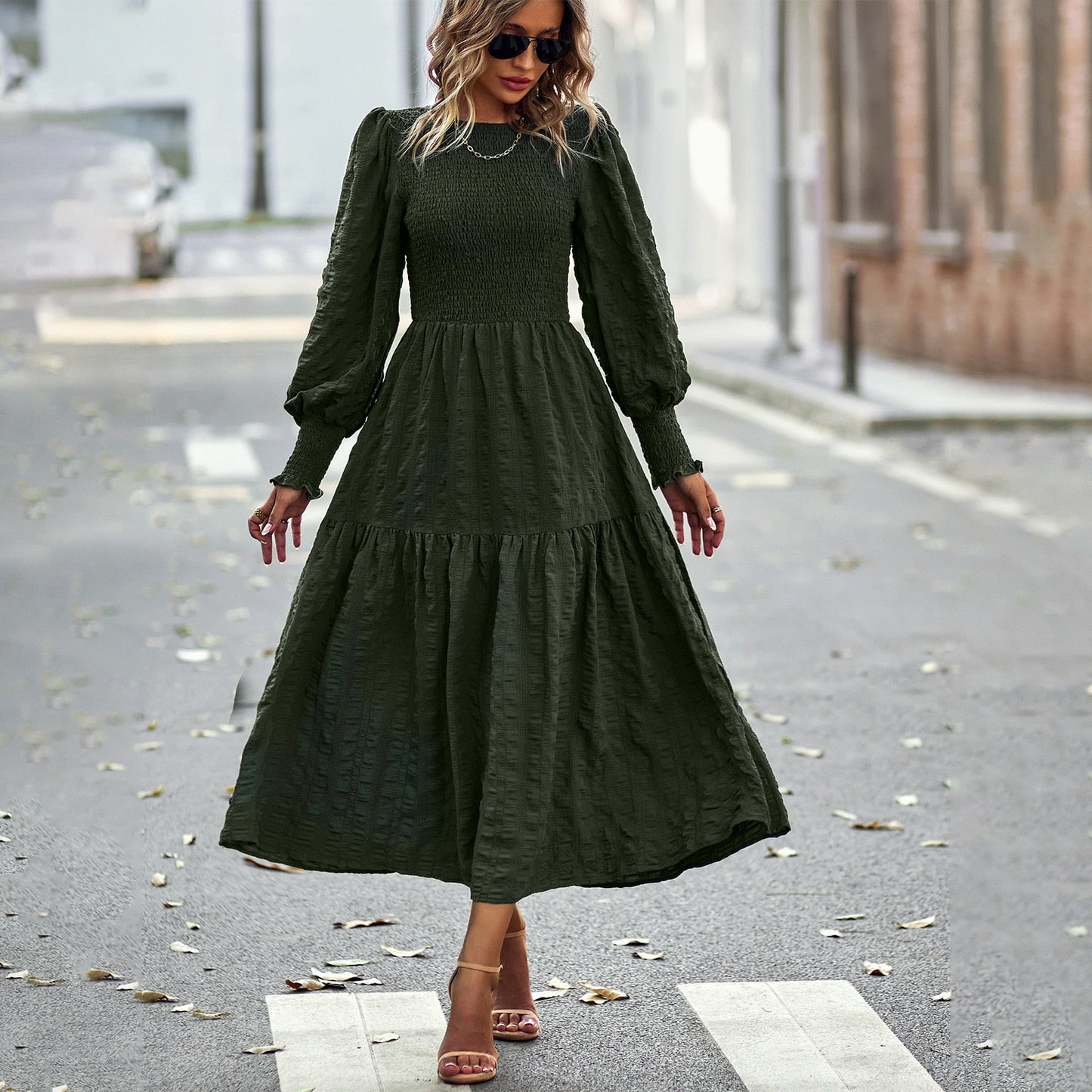 Spring Casual O Neck Lantern Sleeve Dress Women Loose Elegant Solid A-line Dress Lady Simple High Waist Klein Blue Dress