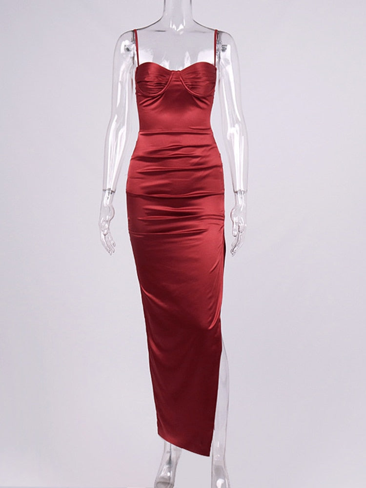 sixsr High Side Split Satin Dresses Women Spring Sexy Sleeveless Backless Party Outfit Solid Bodycon Black Evening Dress