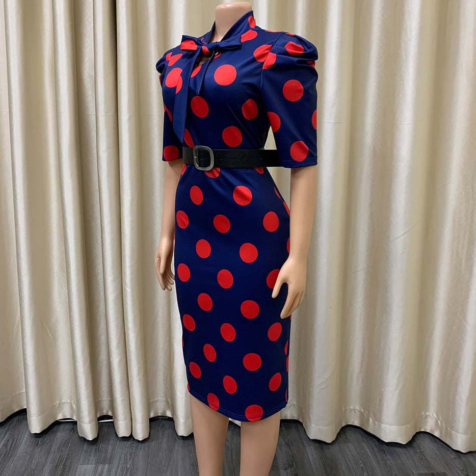 Elegant Office Dresses for Ladies Business Dot Printed High Waisted Short Sleeve Mid Calf Fashion Work Wear Cloth Dress OL
