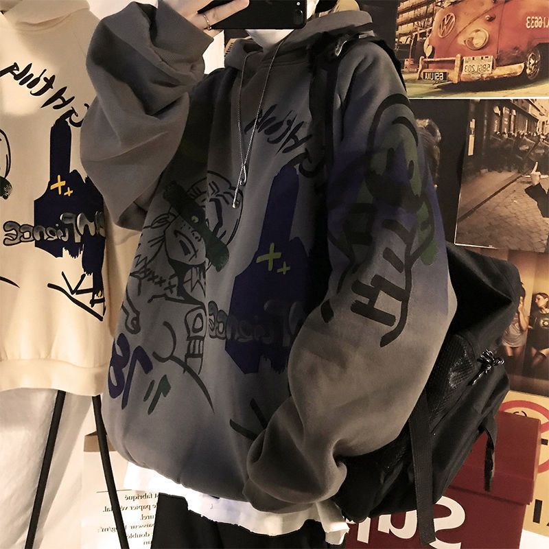 Sixsr Autumn and winter Korean style trend plus fleece hooded sweater men graffiti hip-hop all-match loose printed coat couple sweater